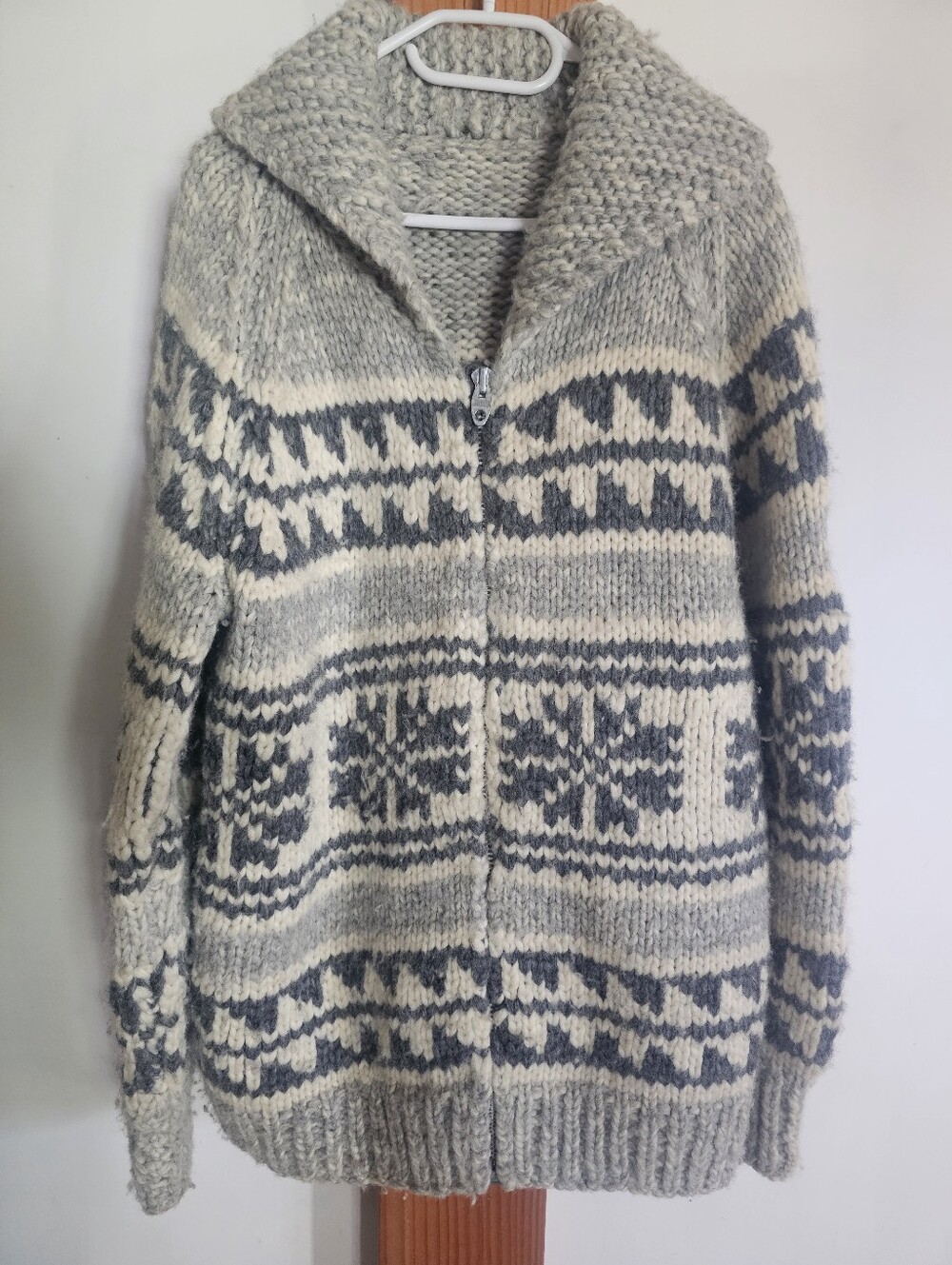 Hank Knit Chunky Gray and Cream Zip-Front Cowichan Sweater
